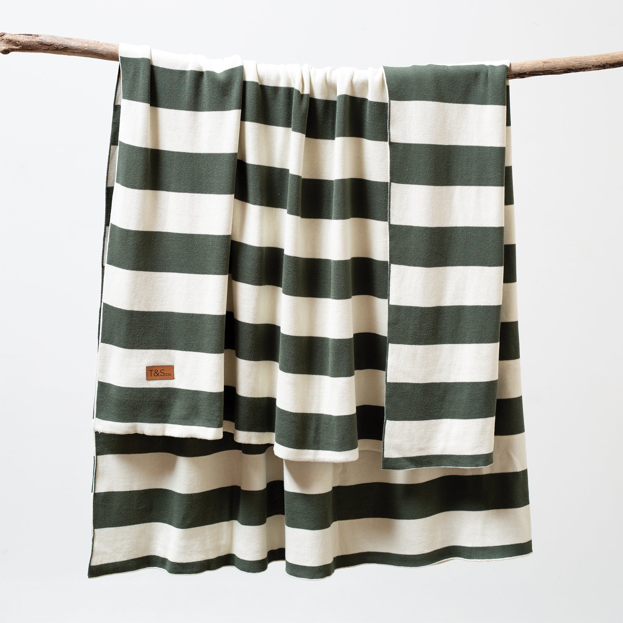 100 Cotton Knitted Throw Chunky Stripe In Fir And Cream Thyme And Sage 100-cotton-knitted-throw-chunky-stripe-in-fir-and-cream-thyme-and-sage