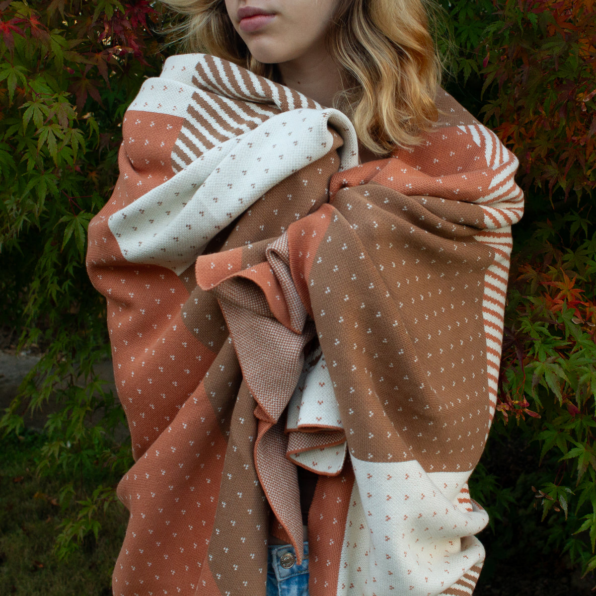 Butternut Color Throw 100% Cotton Knitted Throw - Color Block Throw in Pumpkin, Latte and Cr ...