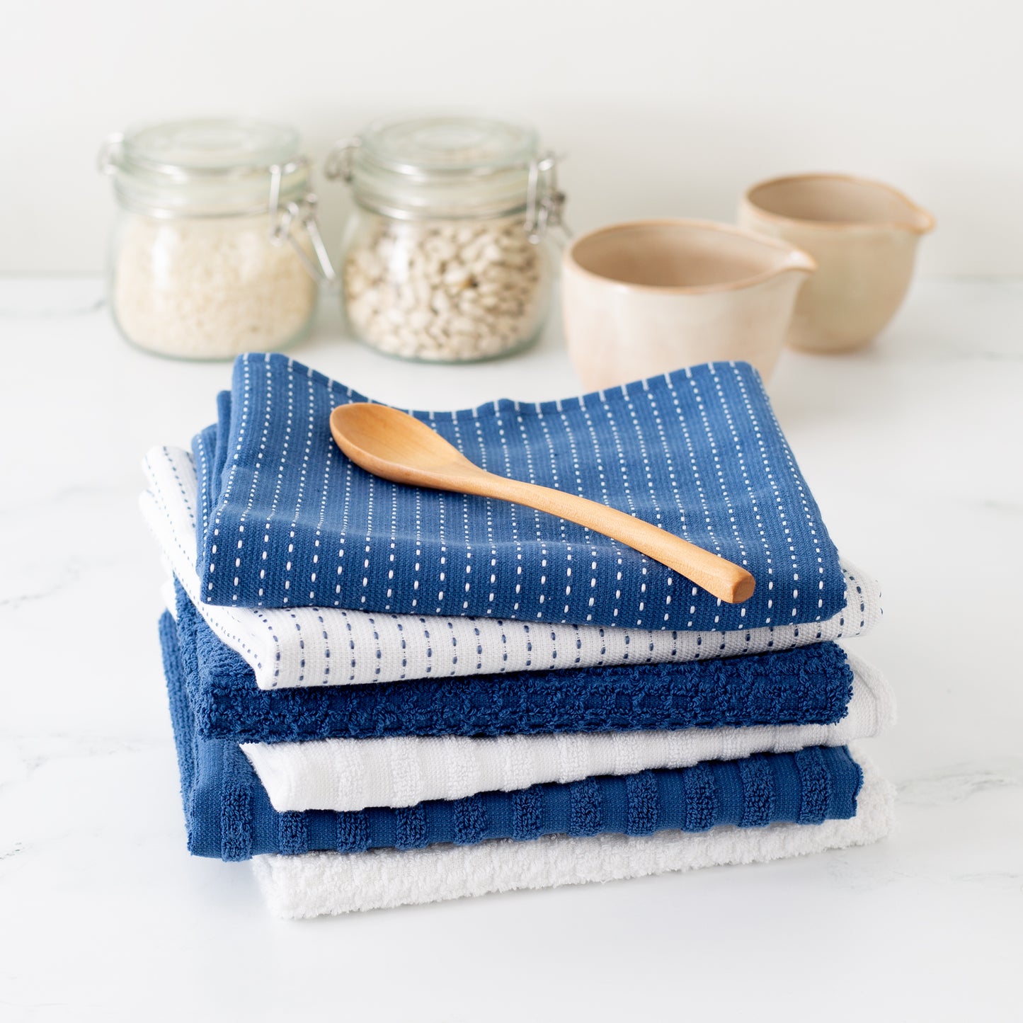 Mixed Basic 6 piece Kitchen Towel Set - Elderberry Blue and White