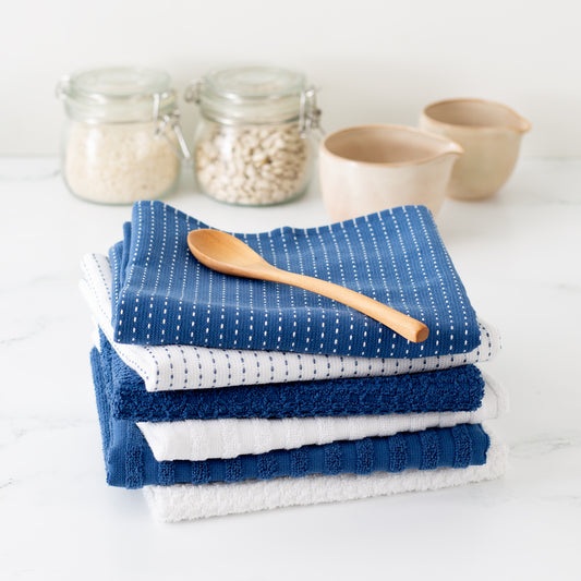 Mixed Basic 6 piece Kitchen Towel Set - Elderberry Blue and White