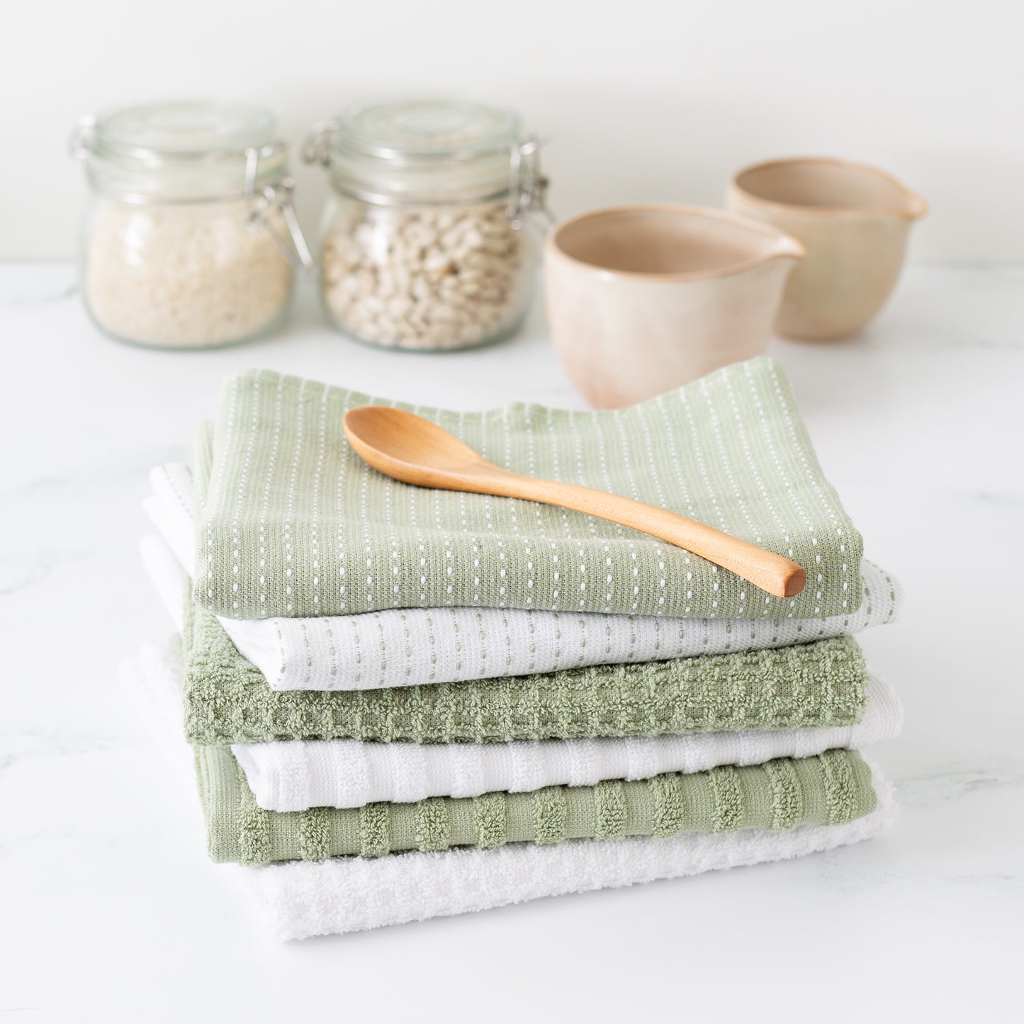 Mixed Basic 6 piece Kitchen Towel Set - Lichen Green and White