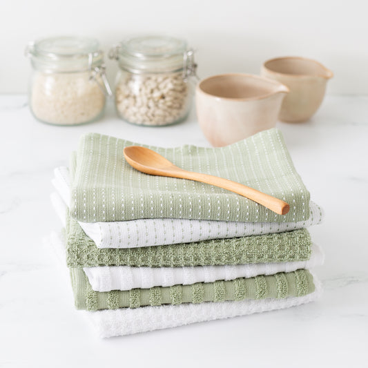 Mixed Basic 6 piece Kitchen Towel Set - Lichen Green and White