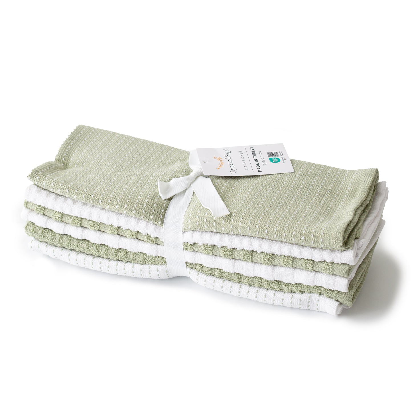 Mixed Basic 6 piece Kitchen Towel Set - Lichen Green and White