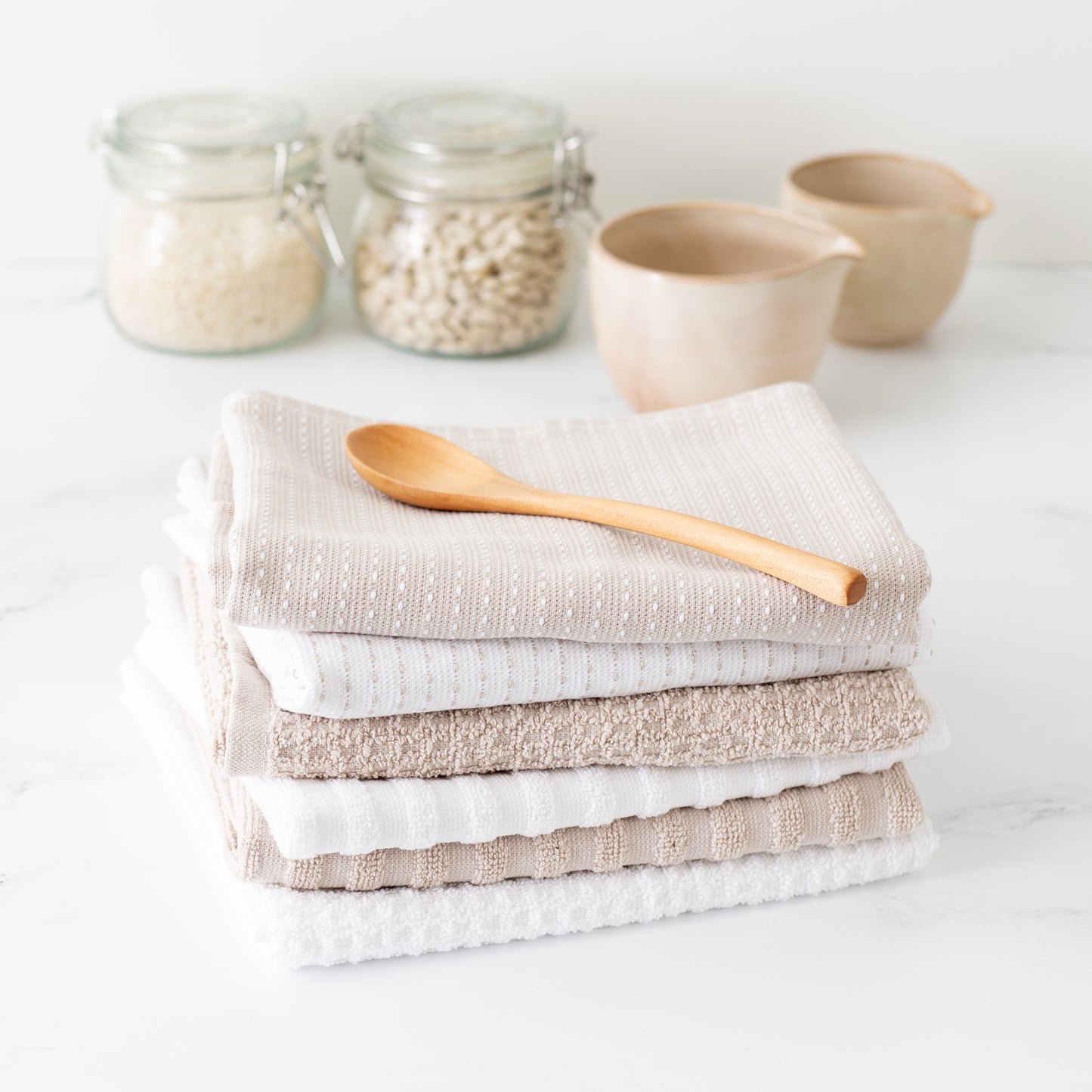 Mixed Basic 6 piece Kitchen Towel Set - Linen Brown and White