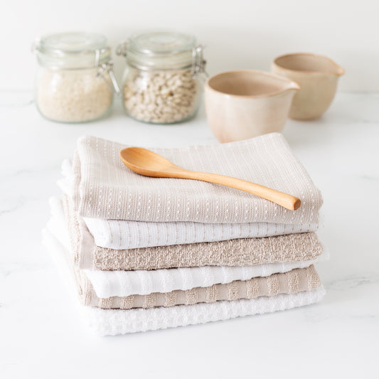Mixed Basic 6 piece Kitchen Towel Set - Linen Brown and White
